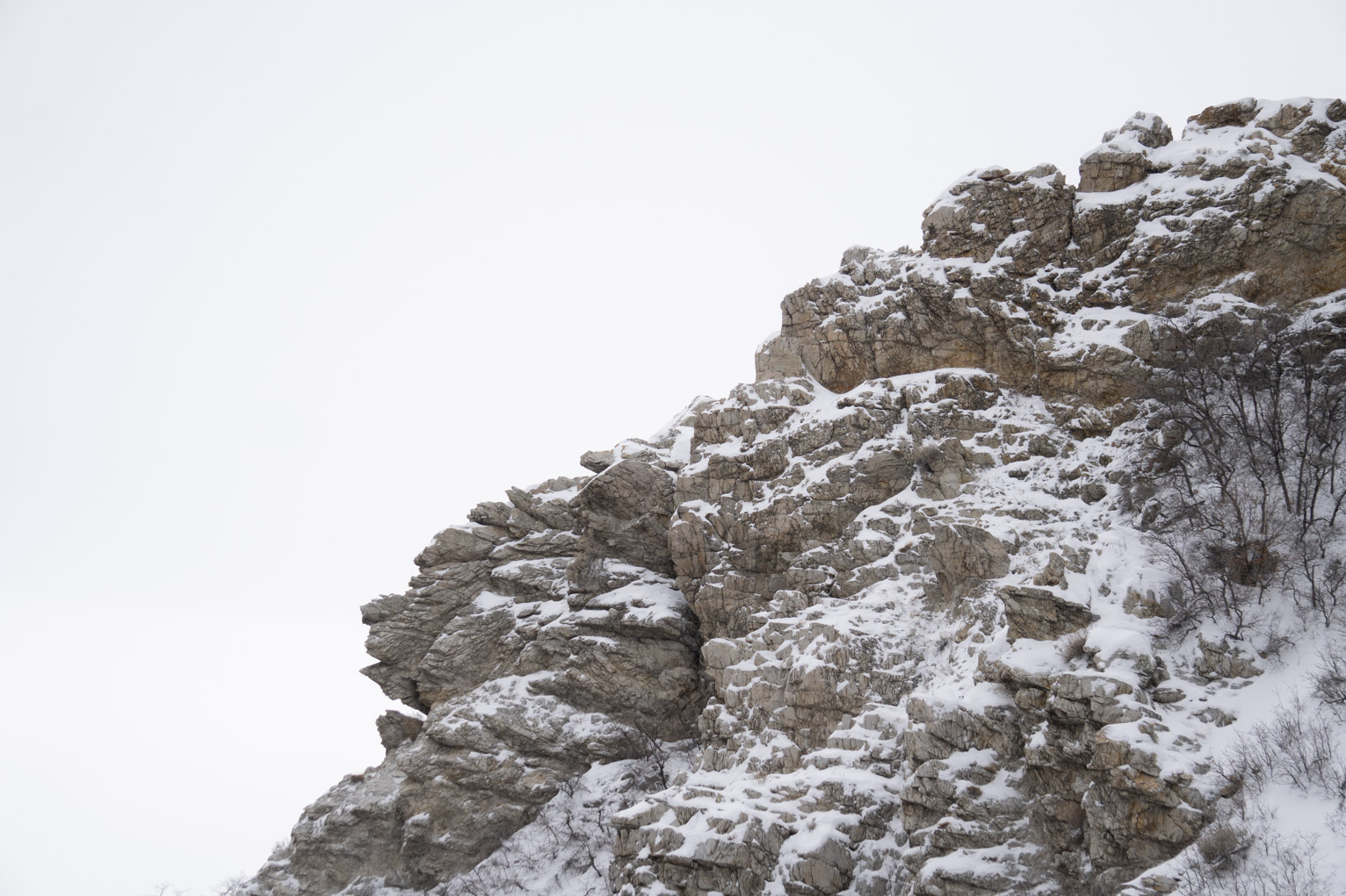 Canyon rocks up close enough to see their cracks and lines visible through the snow, the cloudy sky appears white